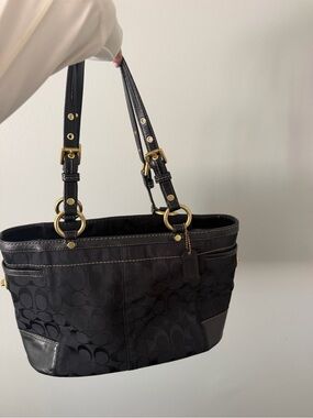 Coach Black Signature Tote Handbag with Gold Hardware